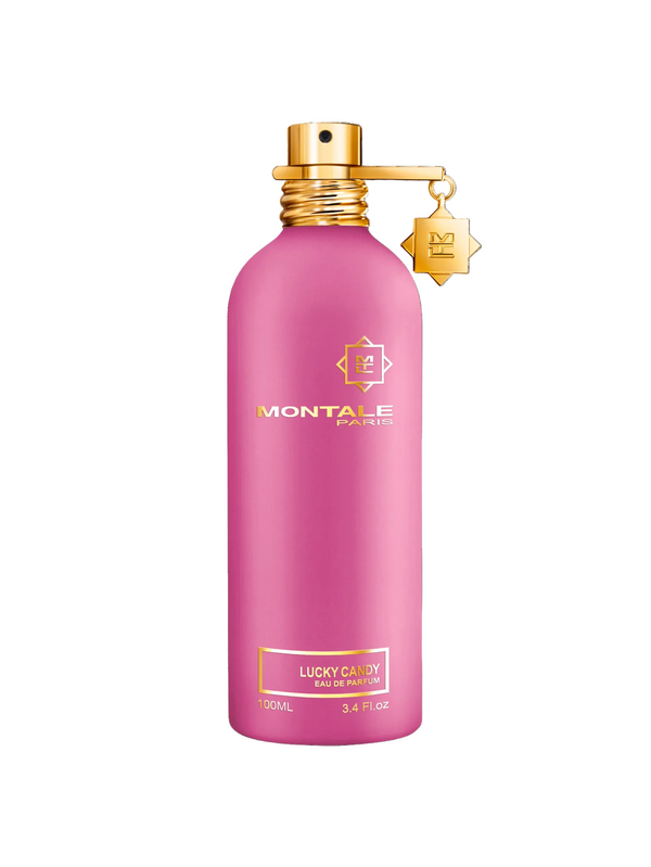 Montale Lucky Candy Pink perfume bottle with gold cap on a white background