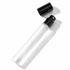 A clear glass perfume bottle with a black cap is shown against a white background.